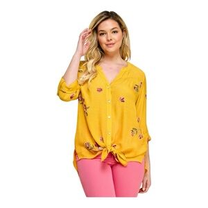 fig and flower mustard embroidered top button front‎ roll tab sleeves size 3X